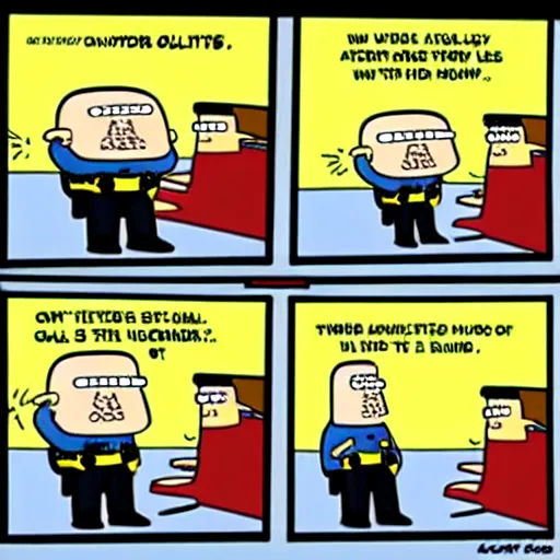 Image similar to 2 panel cartoon of dilbert having a standoff with the police, scott adams,