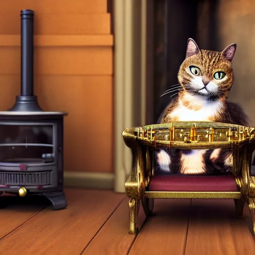 Prompt: a 3 d render of steampunk cat sits in a chair in front of a fireplace in a book lined room and smokes a pipe, high realistic, high detailed, octane render