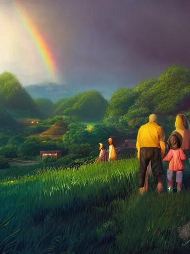 Image similar to dad. mom. kids. a happy familly looking at a distant rainbow. green valley horizon. a village. intricate, elegant, highly detailed, digital painting, artstation, concept art, sharp focus, illustration, by justin gerard and artgerm, 8 k