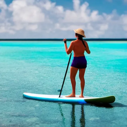 Prompt: a woman on a standup paddle board in the Maldives with a coconut drink, photo realistic, 8k