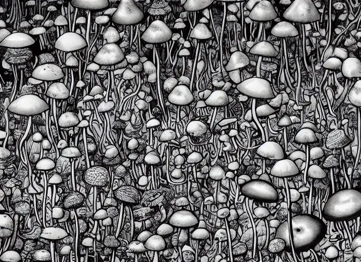 Prompt: a painting of toxic mushrooms surrounded by a lot of beautiful flowers and exotic plants, a detailed painting by naranbaatar ganbold and james jean, behance contest winner, space art, ultrafine detailed painting, biomorphic, black and white, line art, top view