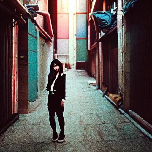 Image similar to 1990s perfect 8K HD professional cinematic photo of close-up japanese schoolgirl posing in sci-fi dystopian alleyway at evening, at instagram, Behance, Adobe Lightroom, with instagram filters, depth of field, taken with polaroid kodak portra