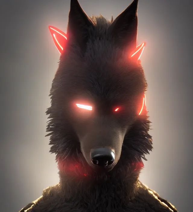 Image similar to portrait of a anthropomorphic black male wolf with red hair in star citizen, hyper detailed, digital art, trending in artstation, cinematic lighting, studio quality, smooth render, unreal engine 5 rendered, octane rendered, art style by pixar dreamworks warner bros disney riot games and overwatch.