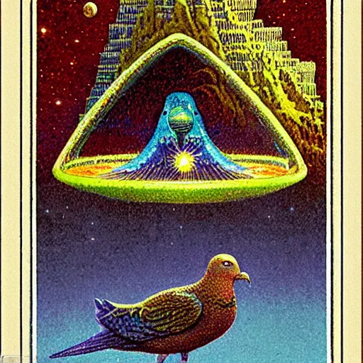 Image similar to holographic symetrical deepfried mountain range triangle pigeon nectar date chablis , by Lawren Harris and Esao Andrews and Bruce Pennington , seapunk , tarot card , #pixelart