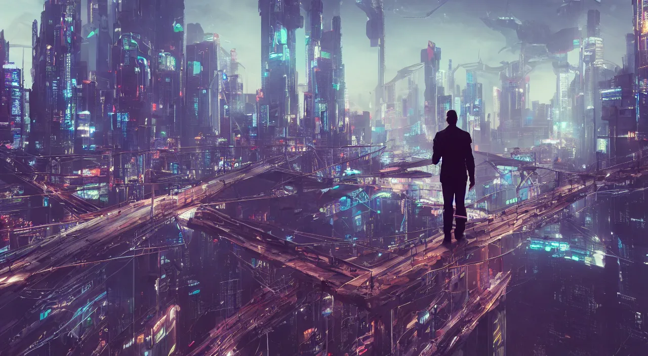 Prompt: a man standing on top of a bridge over a city, cyberpunk art, behance contest winner, artstation, altermodern, cityscape, synthwave, matte painting, octane render, unreal engine