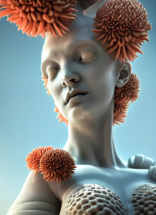 Prompt: biomechanical corals, daisies, well contoured smooth fair walls with marble statue carrying a bottle of perfume, up close shot, sharp focus, global illumination, radiant light, alexandre ferra white mecha, irakli nadar, octane highly render, 4 k, ultra hd,