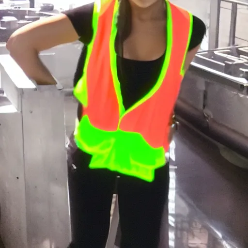 Image similar to photo, close up, ariana grande in a hi vis vest, in tyson slaughterhouse, android cameraphone, 2 6 mm,