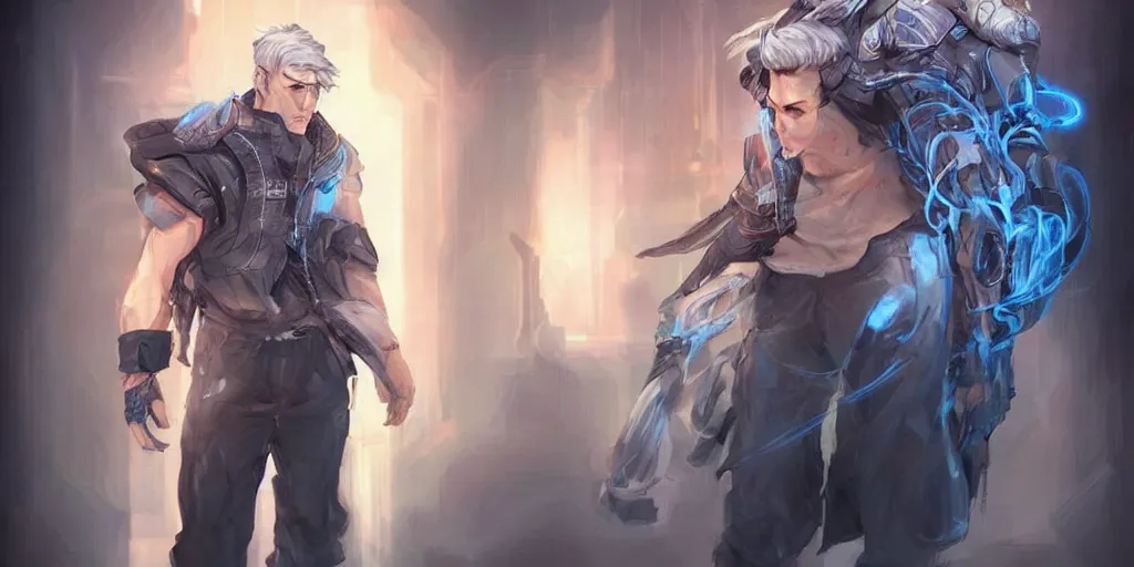 Image similar to concept art of rugged korean male netrunner d & d video game characters head designs, unique hair designs, by marc brunet and artgerm