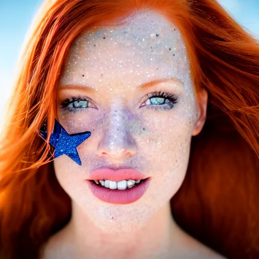 Image similar to close up portrait photo of the left side of the face of a redhead woman with galaxy of stars in her eyes, she looks directly at the camera. Slightly open mouth, face covers half of the frame, with a park visible in the background. 135mm nikon. Intricate. Very detailed 8k. Sharp. Cinematic post-processing. Award winning photography