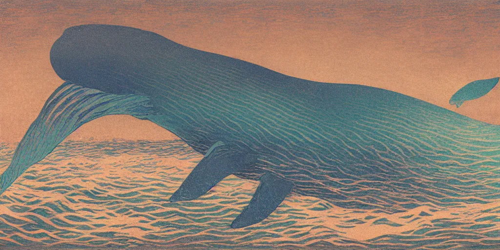 Image similar to An aesthetically pleasing, dynamic, energetic, lively, well-designed digital art of a whale, ripples, waves, sea foam, light and shadow, ocean caustics, aizome patterns, shin-hanga by Claude Monet, traditional Japanese colors, superior quality, masterpiece, excellent use of negative space.