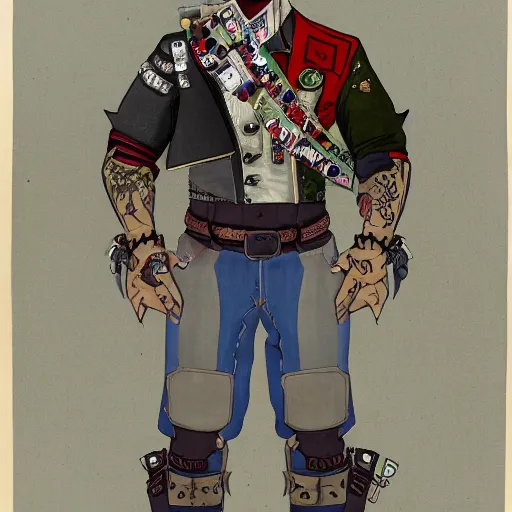 Image similar to a middle aged half - orc wearing a patchwork military uniform jacket with cut sleeves and many charms and baubles worked into the fabric, with an upturned collar. his arms bear rune tattoos, thin fangs show through his lower jaw with a bemused smile. blue grey intelligent eyes. 1 9 th century style