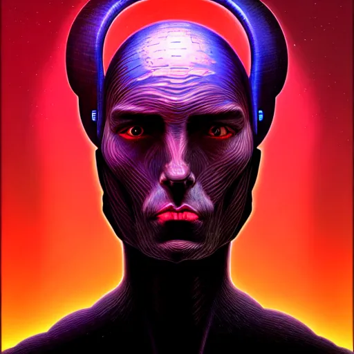 Image similar to scifi character portrait of man in the style of android jones and zdzislaw beksinski, 1 / 4 headshot.