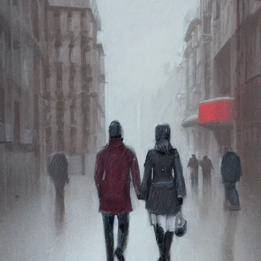 Prompt: two people in the street of london in winters, trending on artstation