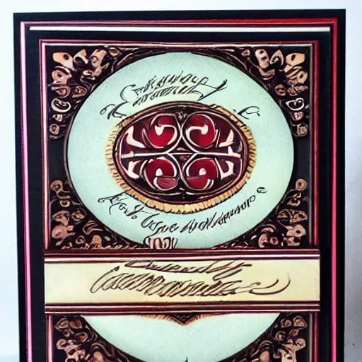 Prompt: card with frame accomplished, style lettering, Vintage, detailed decorative flourishes, symmetrical centered n 9
