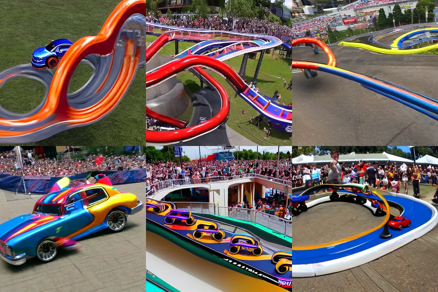 Prompt: real world hot wheels looping. thousands of people watching.