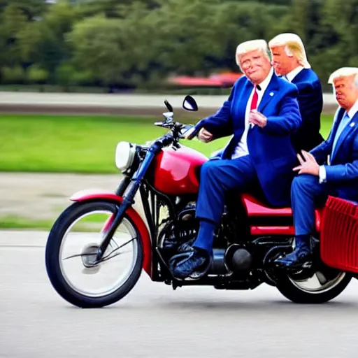 Image similar to joe biden and donald trump riding two seater on a motorcycle bike together, photorealistic, detailed