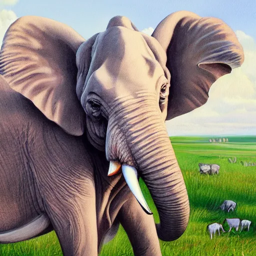 Prompt: hybrid animal cow with elephant ears and long tusks detailed painting 4 k