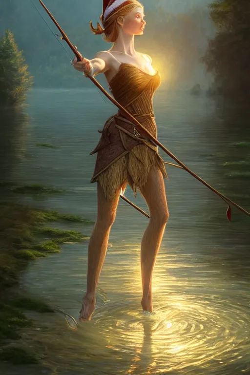 Prompt: elegant elf fishing in lake, highly detailed, d & d, fantasy, highly detailed, digital painting, trending on artstation, concept art, sharp focus, illustration, global illumination, ray tracing, realistic shaded, art by artgerm and greg rutkowski and fuji choko and viktoria gavrilenko and hoang lap