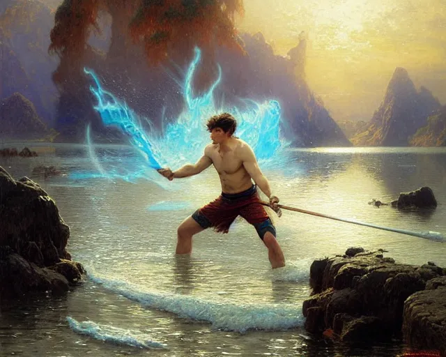 Image similar to attractive male wizard casting powerful tsunami wave spell in a beautiful lake. highly detailed painting by gaston bussiere, craig mullins, j. c. leyendecker 8 k