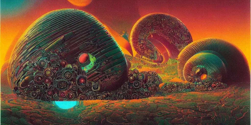 Prompt: colourful afrofuturist biomorphic opart, 6 0 s space age design photography, future retro, giant biomechanical snail larger than a temple, pascal blanche, roger dean, josh kirby, greg hildebrandt, beksinski, scifi, 8 k