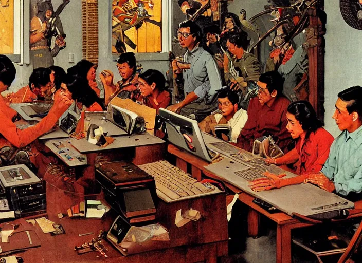 Image similar to Aztecs using computer at a lan house artwork by Norman Rockwell,