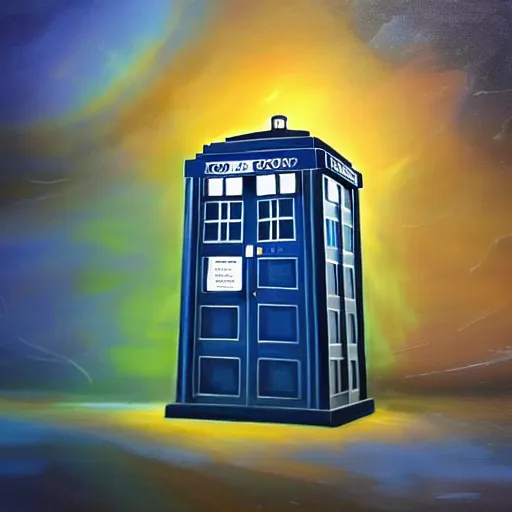 Image similar to view of modern futuristic tardis, time travel, detailed luminescent oil painting 4 k