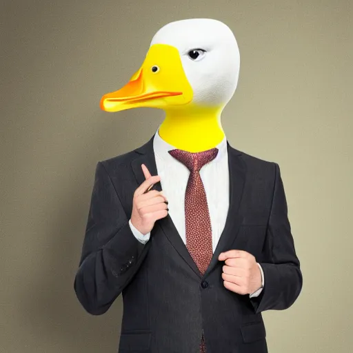 Prompt: a high detail photo of a man with a duck's head wearing a suit, antropomorphic, photorealism