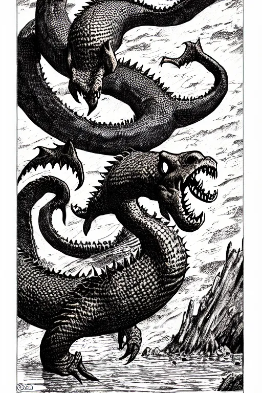 Image similar to ogopogo monster as a d & d monster illustration, full body, pen - and - ink illustration, etching, by russ nicholson, david a trampier, larry elmore, 1 9 8 1, hq scan, intricate details, inside stylized border