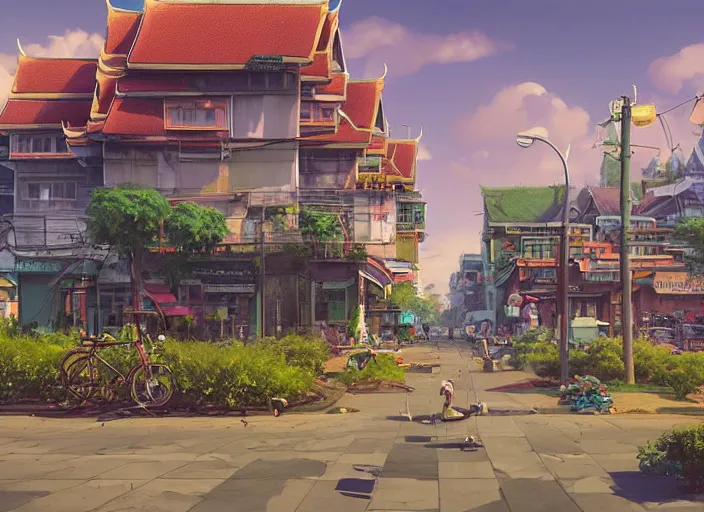 Image similar to bangkok townsquare, without human, empty street, summer morning, very coherent and colorful high contrast, art by gediminas pranckevicius, geof darrow, makoto shinkai, dark shadows, hard lighting