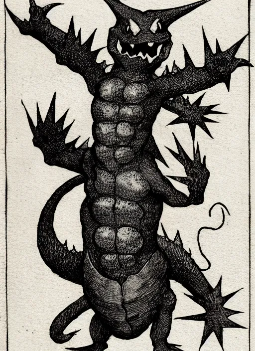 Image similar to charmander, as a demon from the dictionarre infernal, pen - and - ink illustration, etching by louis le breton, 1 8 6 9, 1 2 0 0 dpi scan, ultrasharp detail, hq scan, intricate details, stylized border