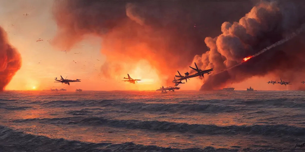 Prompt: the normandy!!!!! landings, d - day, 1 9 4 5, sunset, chaos!!!, smoke, fire, soldiers charging in, airplanes bombing the beach, destroyed tanks, highly detailed, wide shot, sadness, cinematic, ultra realistic!!!, ray tracing, ( ( painting ) ) by jessica rossier and ivan shishkin