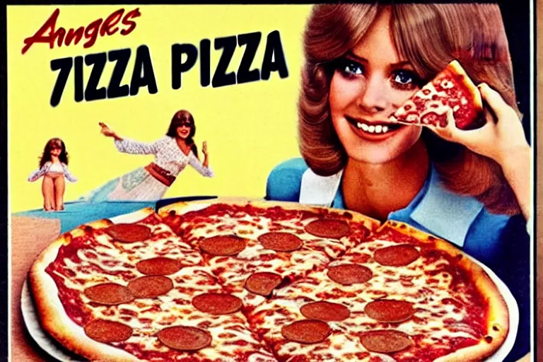 Image similar to 70s, angels, pizza, advertisement