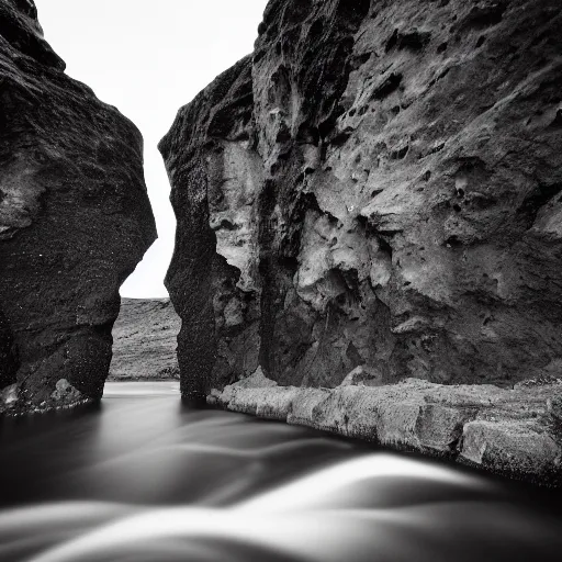 Image similar to minimalist black and white photograph of an icelandic gorge, time exposure, of a river, sharp tall pillars, sharp rocks,