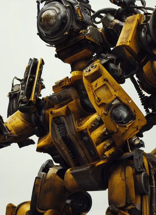 Image similar to a photorealistic dramatic hyperrealistic render of a futuristic exosuit power loader heavy machinery, ultra realistic details, glossy yellow, well worn, rust, oil stains by vitaly bulgarov and mike nash, beautiful dramatic dark moody tones and lighting, cinematic atmosphere, studio lighting, global illumination, shadows, dark background, octane render, 8 k