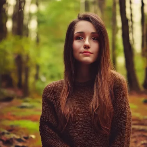 Prompt: real life photo of a beautiful girl, full body photoshoot, long brown hair, brown eyes, full round face, short smile, dark brown sweater, forest setting, cinematic lightning, medium shot, mid - shot, highly detailed, trending on artstation, unreal engine 4 k, 8 0 mm, 8 5 mm, cinematic wallpaper