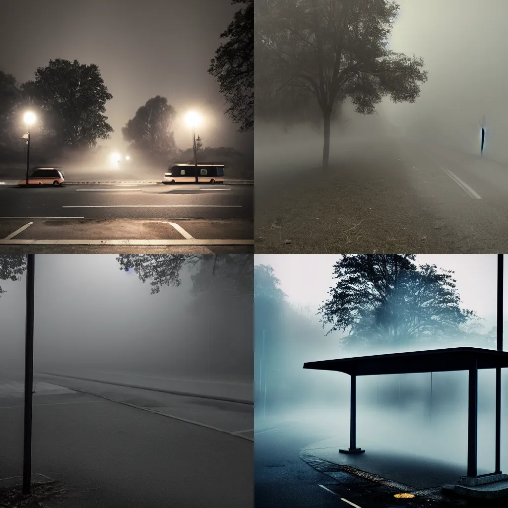 Prompt: a bus stop by night, frontal flash photograph, ominous and creepy vibe, mist, street lights