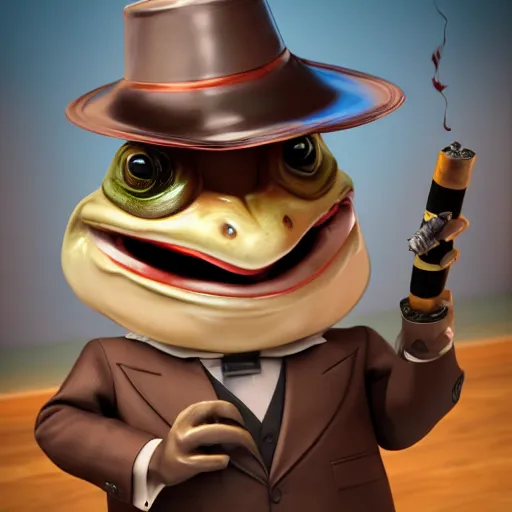 Image similar to a high quality photo of an antropomorphic frog wearing a suit smoking a cigar cigar cigar cigar, 3d scene, render, ultra realistic, artstation, cgsociety