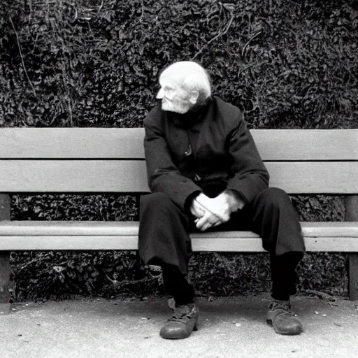 Image similar to Lonely man sitting on bench photographed by Andrej Tarkovsky, kodak 5247 stock, color photograph