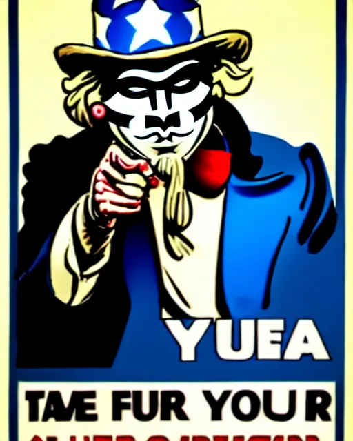 Prompt: anonymous as uncle sam propaganda poster in the year 1 9 8 7, ultra realistic concept art intricate detail