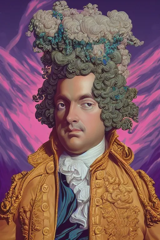 Image similar to vaporwave Dan Mumford style (portrait of Louis xv) in the style of rococo Rob Lefield and Dan Mumford Dan Mumford Dan Mumford, Dan Mumford, Greg rutkowski, trending on artstation, digital art, surrealism, macro