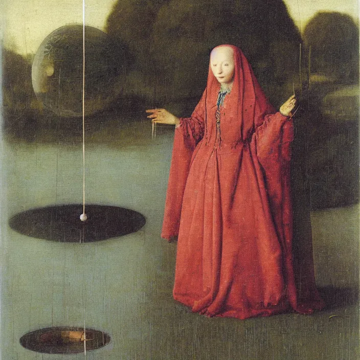 Prompt: a closeup portrait of a woman wrapped in plastic, standing next to a giant huge levitating copper orb, in a foggy pond, by jan van eyck