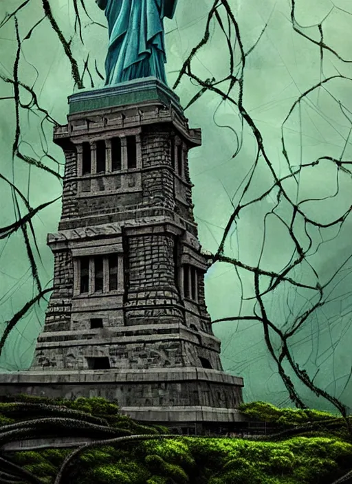 Image similar to hyper detailed painting of the statue of liberty; cracked, decaying, covered in moss and vines; thunderstorm; moody cinematic lighting, painted by Greg Rukowtski, trending on Artstation