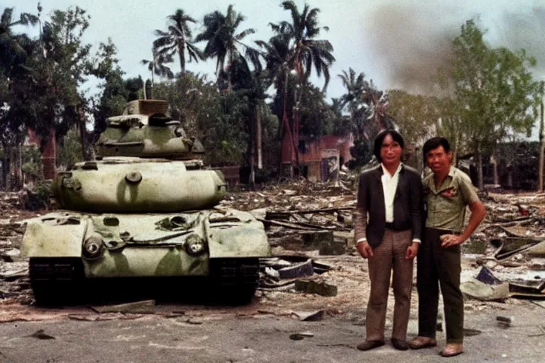 Image similar to a photo of a two mans posing in front of tank in destroyed vietnamese city, us journalism ministry photo, 1 9 6 9, color photo, fim still