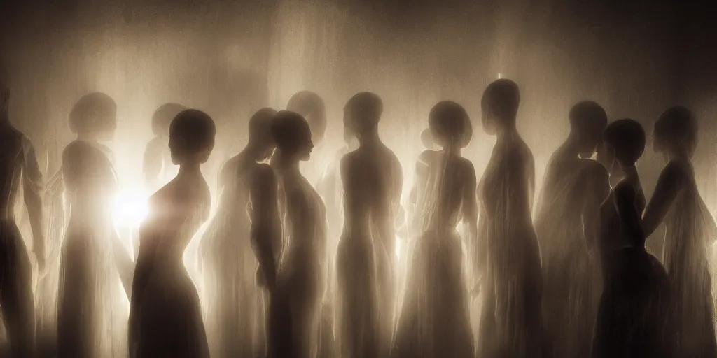 Prompt: love, groups of translucent people with short glowing hair, from behind, rebirth, wide angle, cinematic atmosphere, elaborate, highly detailed, dramatic lighting