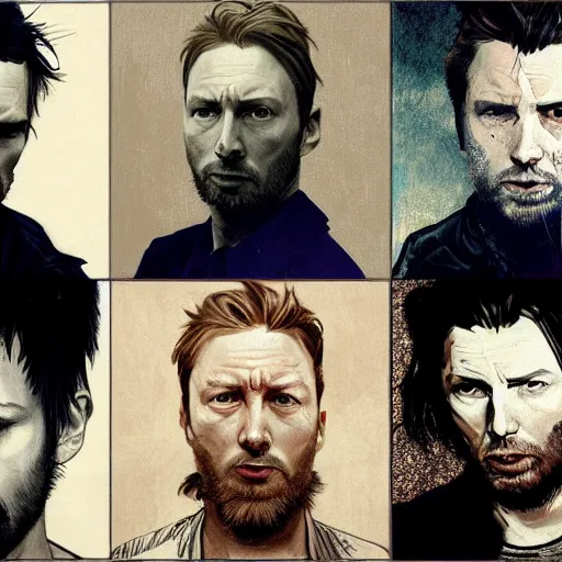 Image similar to hyper realistic portrait of similar version thom yorke shorter hair variations singer songwriter ok computer, ( side ) profile, liminal space, by lee bermejo, alphonse mucha and greg rutkowski