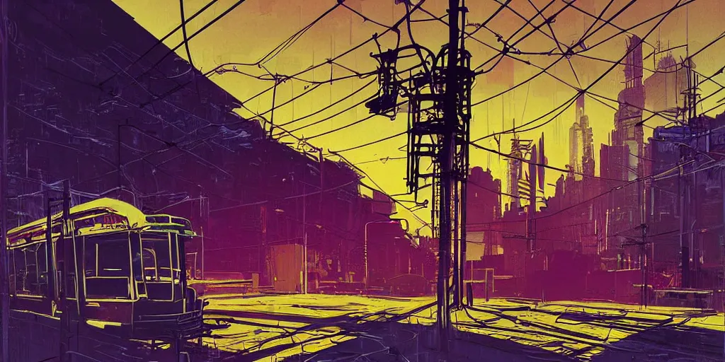 Prompt: post apocalyptic wasteland overhead wires telephone poles neon futuristic cyberpunk vaporwave glow sunset clouds sky streetcar tram subway tunnel illustration by syd mead