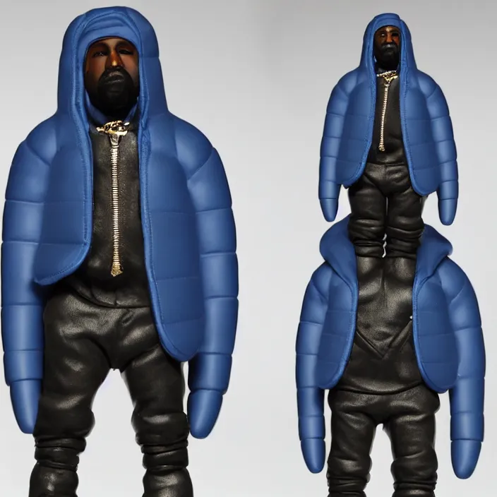 Image similar to a goodsmile figure of kanye west using a full face covering black mask, a small, tight, undersized reflective bright blue round puffer jacket made of nylon, dark jeans pants and big black balenciaga rubber boots, figurine, detailed product photo