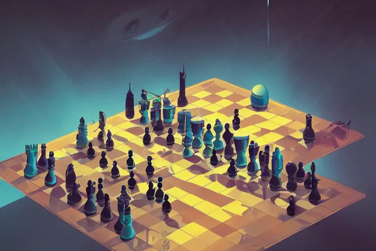 Prompt: playing chess inside the doors of the mind, symmetry, by Christopher Balaskas and artgerm, vibrant, digital art, landscape, sci-fi, space