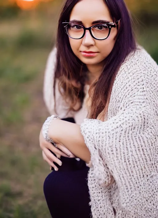 Prompt: beautiful woman with big black eyeglasses, 35mm, f/1.4, Golden Hour light, photo shot my Martha Cooper,