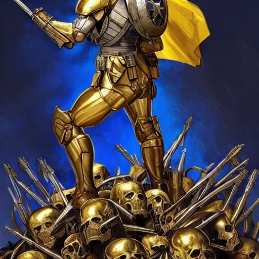 Prompt: a full body shot from behind of a super soldier with a golden and blue flag on his shoulders standing on a pile of skulls in triumph after battle, western, D&D, fantasy, intricate, elegant, highly detailed, digital painting, artstation, concept art, matte, sharp focus, illustration, art by Artgerm and Greg Rutkowski and Alphonse Mucha